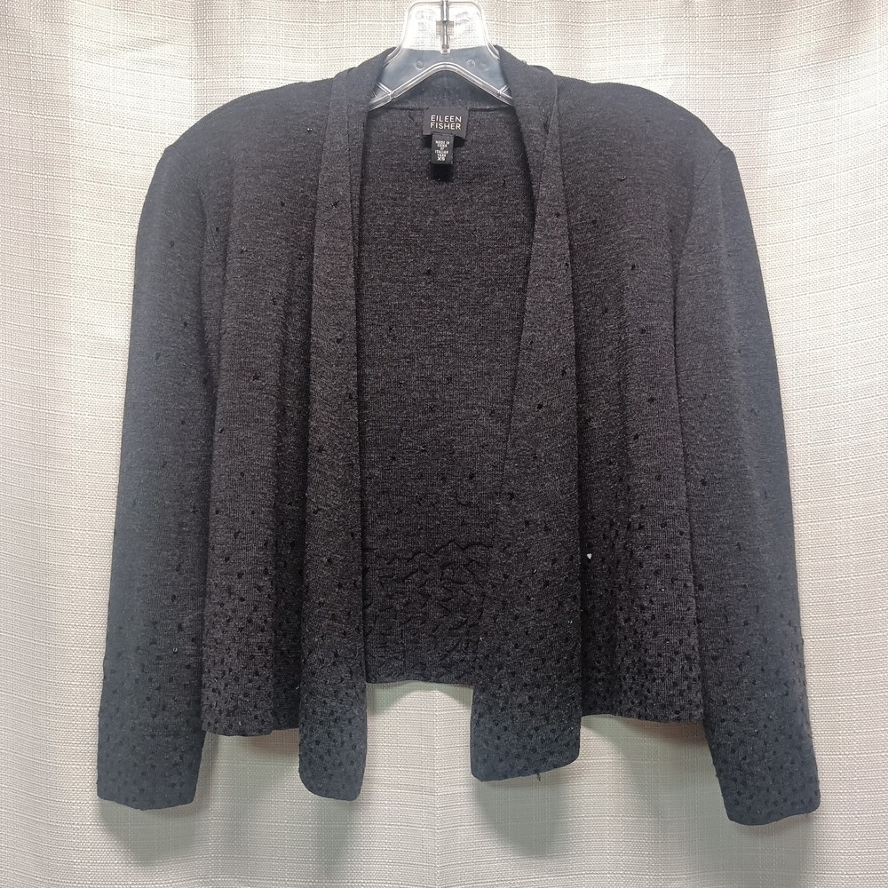 Eileen Fisher Cardigan XS Gray 100% Merino Wool Shaped Angled Hem Sequined